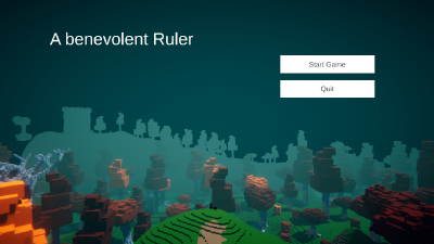 Menu screen, background showing a forestfrom an elevated perspective, fading into mist (voxel style)