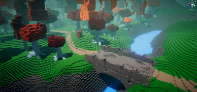 a bridge spanning a stream, connecting a forest with a hilly area (voxel style)