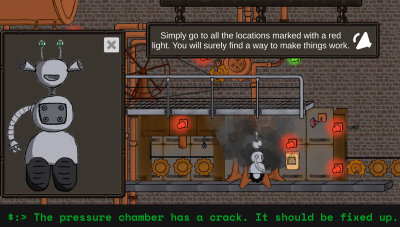 Playable robot standing in front of broken machienery. Open inventory and task displayed on screen.