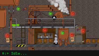 Playable robot standing in a factory. Red and green lights indicate: 3 of the 8 problems have been solved.