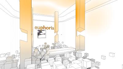the word "euphoria" above a room full of floating cubes