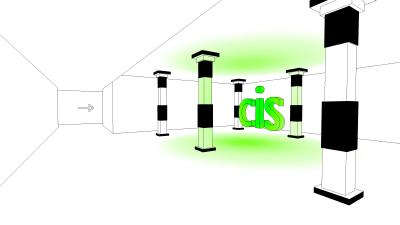 the word "cis" with green light in a room with columns